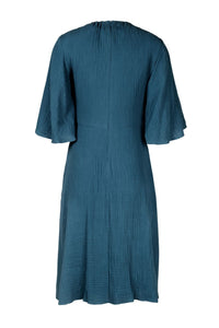 Soft Flared Dress with Gathered Neckline and Voluminous Sleeves