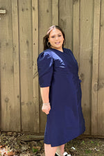 Load image into Gallery viewer, Faux Wrap Dress with Side Tie and Pleating Detail

