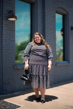 Load image into Gallery viewer, Black and white Tiered Peasant Dress with Gathered Bodice
