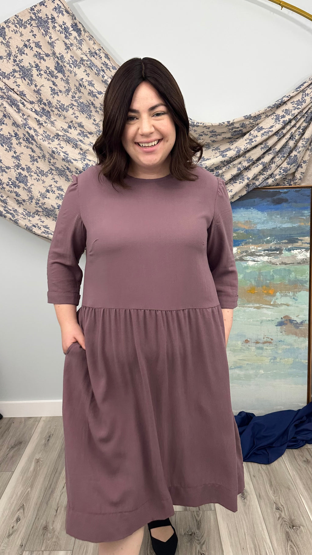 Gathered Dress with Slight Hi-Lo Hem and Pockets