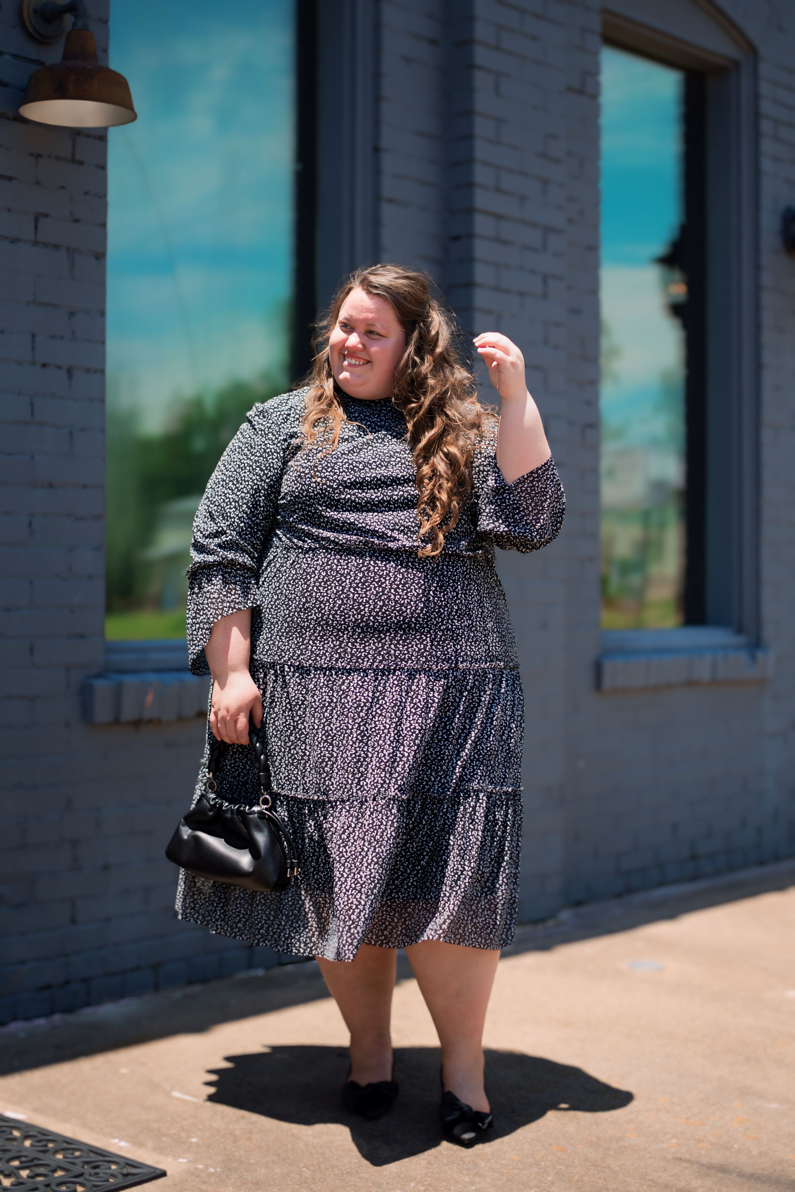 Black and white Tiered Peasant Dress with Gathered Bodice