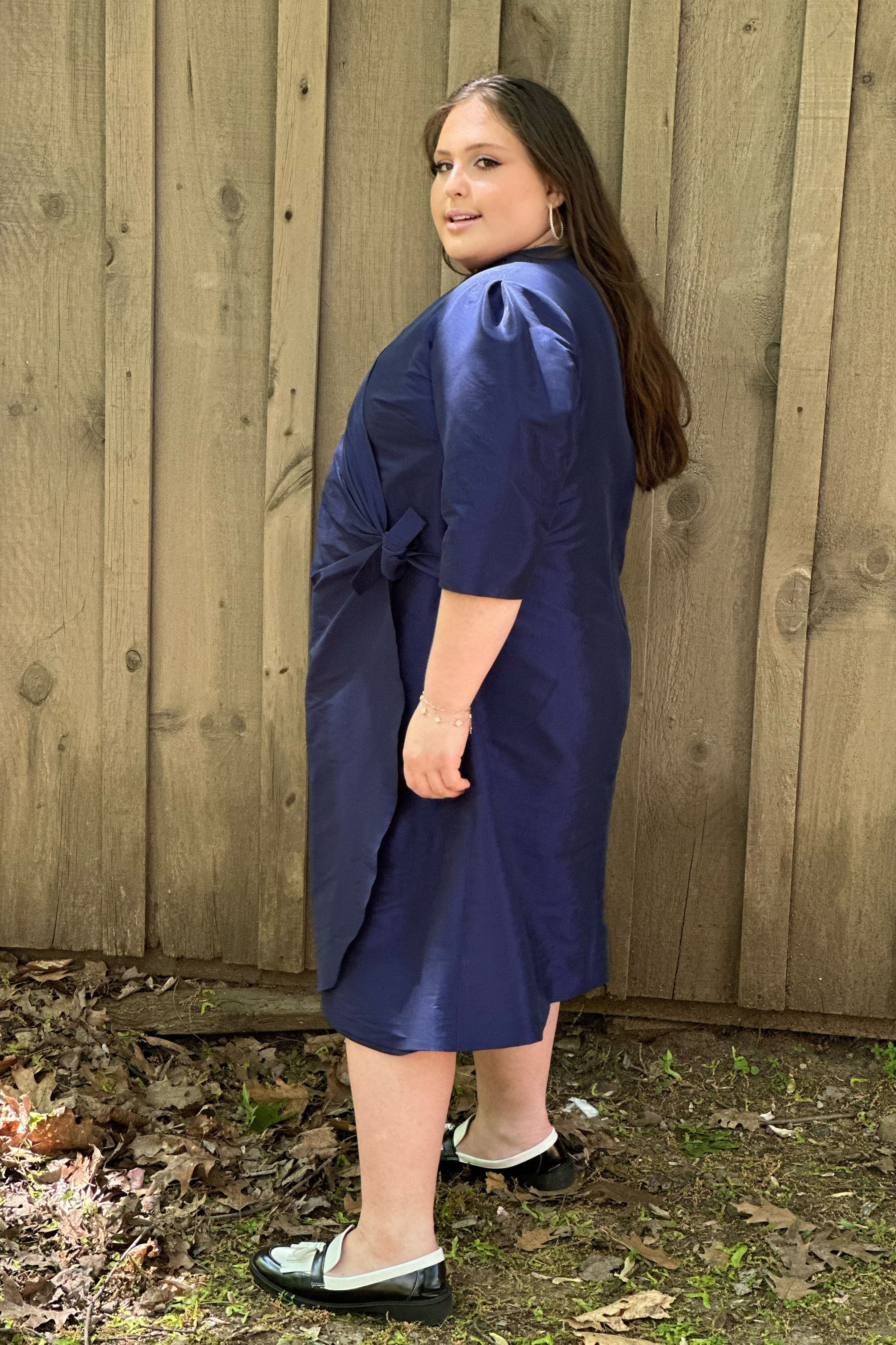 Faux Wrap Dress with Side Tie and Pleating Detail