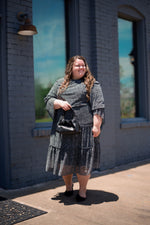 Load image into Gallery viewer, Black and white Tiered Peasant Dress with Gathered Bodice
