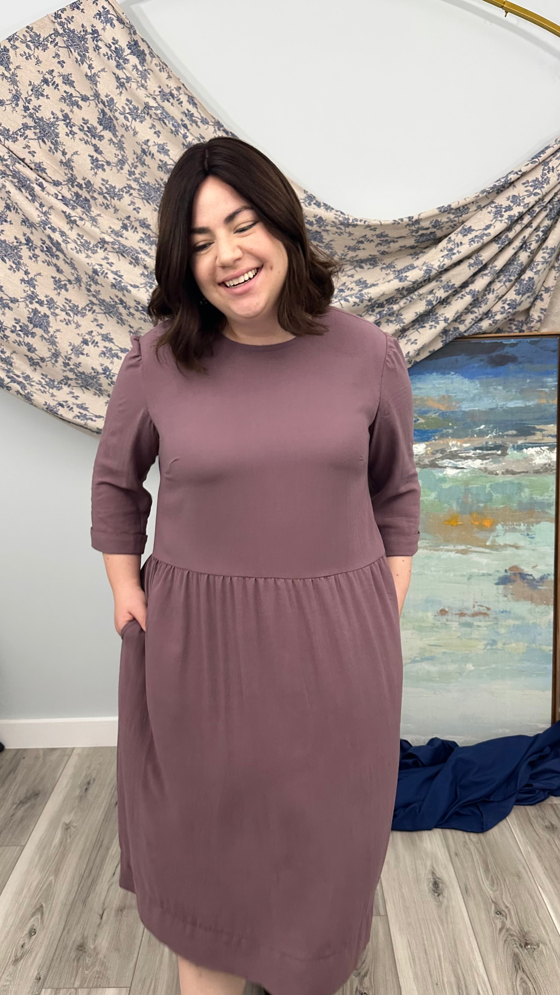 Gathered Dress with Slight Hi-Lo Hem and Pockets