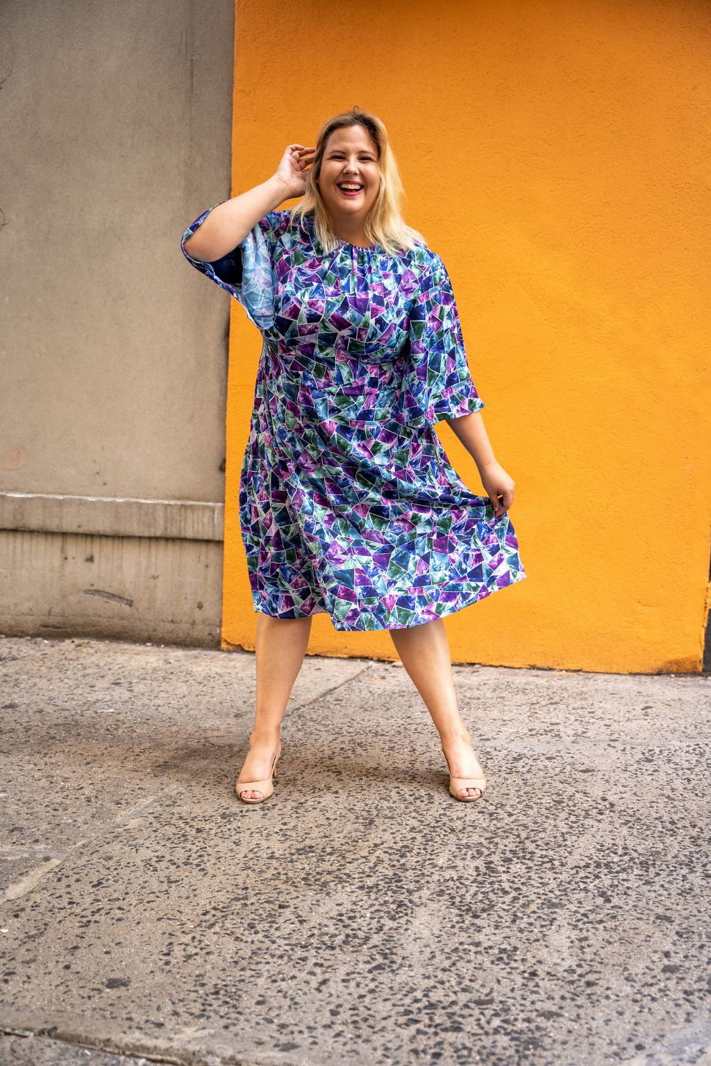 Soft Flared Dress with Gathered Neckline and Voluminous Sleeves