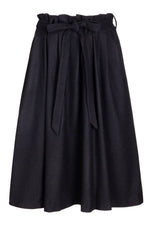 Load image into Gallery viewer, knee length skirt with 3 pleats and paperbag pleating at waistline and matching belt tied in a bow
