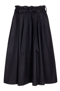 knee length skirt with 3 pleats and paperbag pleating at waistline and matching belt tied in a bow