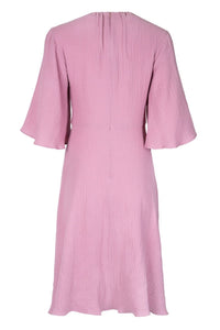 Soft Flared Dress with Gathered Neckline and Voluminous Sleeves