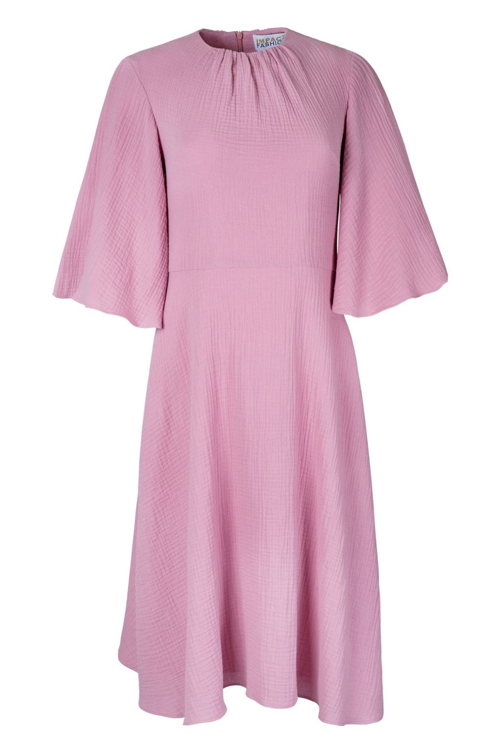 Soft Flared Dress with Gathered Neckline and Voluminous Sleeves