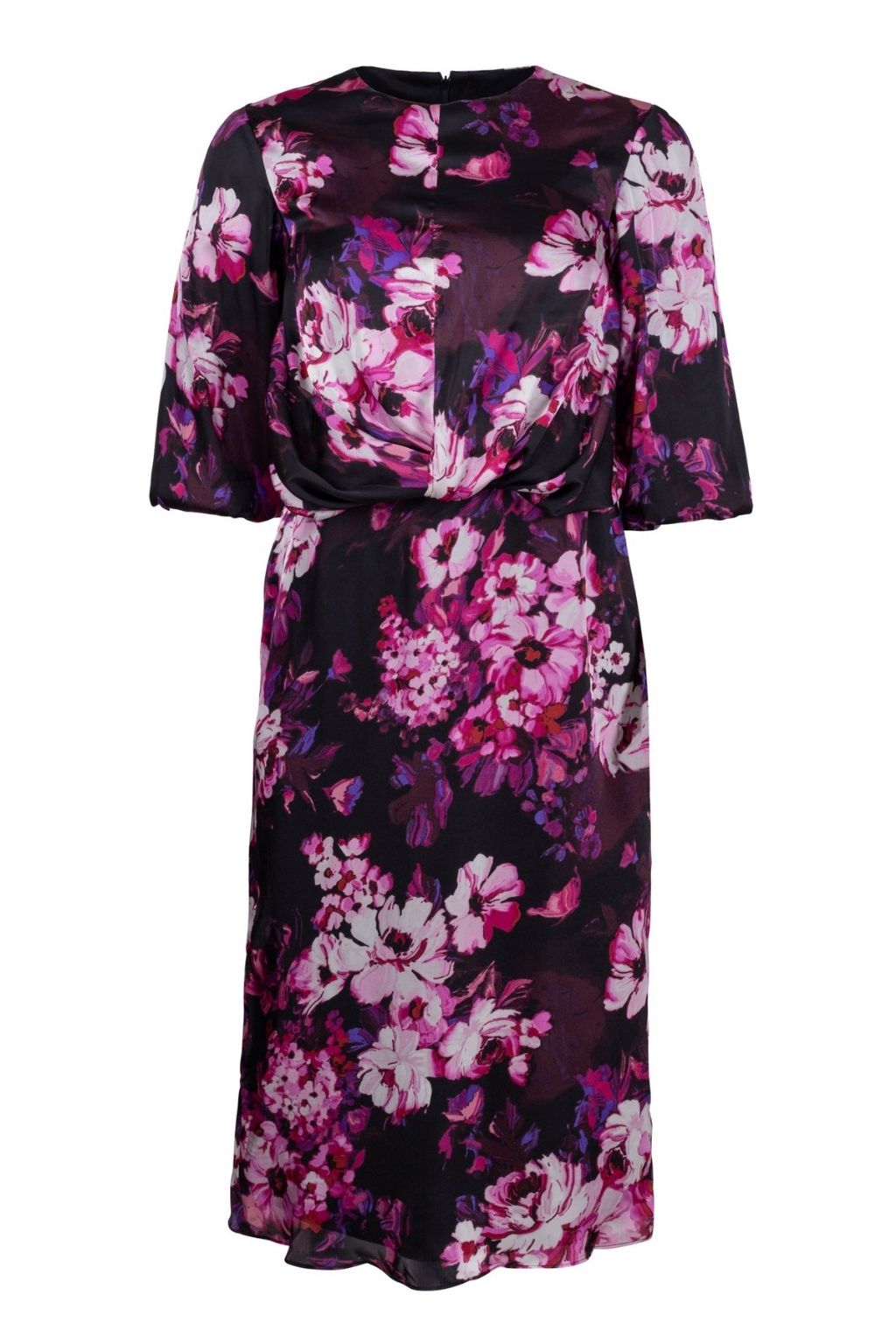 front view of Straight Dress with Draped Top and Billow Sleeves in a purple floral print with black background