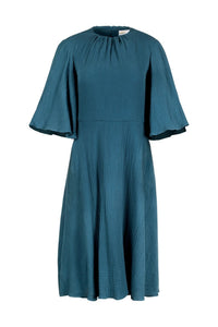 Soft Flared Dress with Gathered Neckline and Voluminous Sleeves